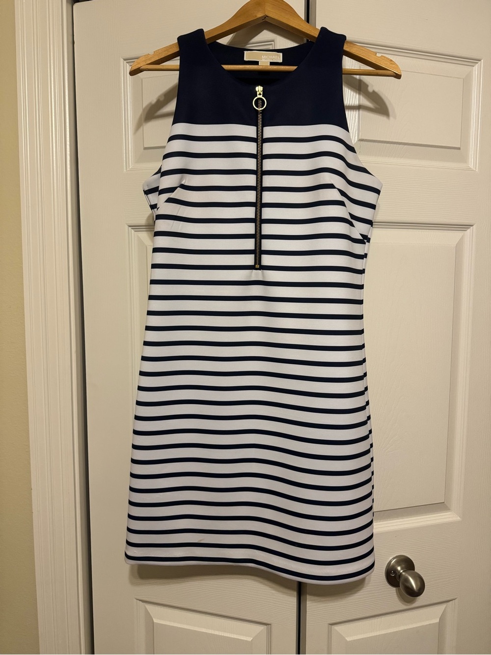 Michael Kors Navy and White Striped Sleeveless Dress with Front Zip